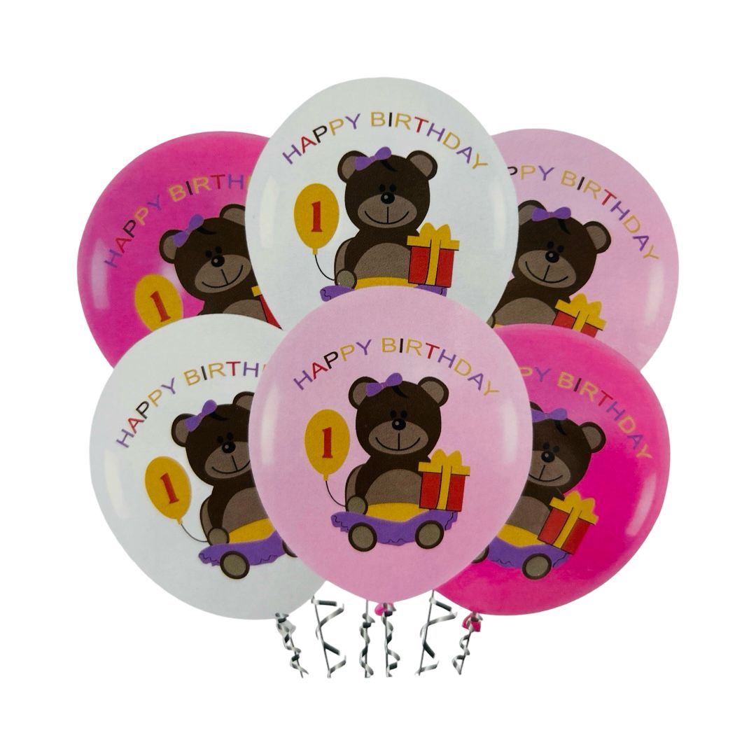 Set 6 Buc. Baloane Latex cu Ursulet "Happy Birthday Nr. 1", Alb si Nuante de Roz, 30 cm
