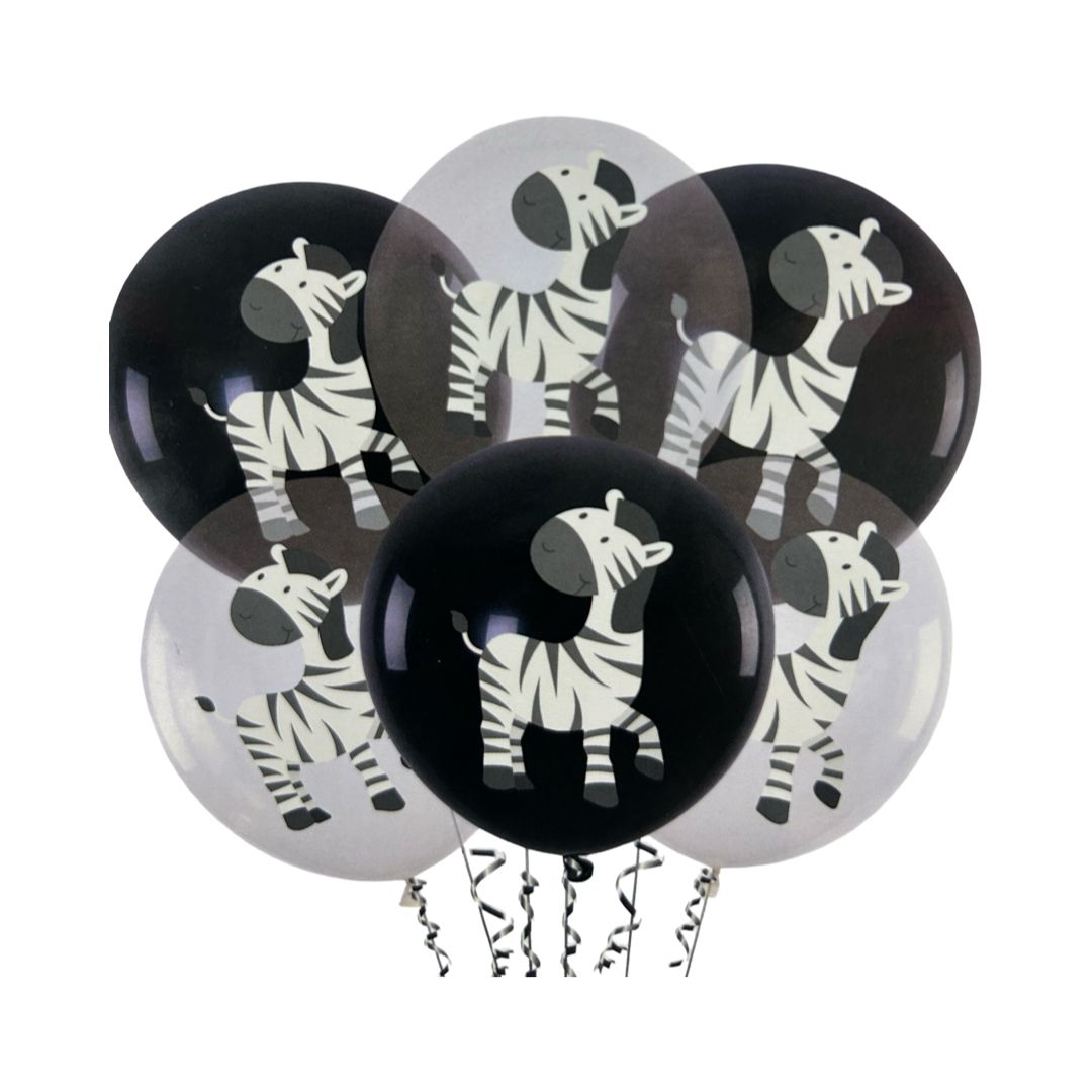Set Party 6 buc, Baloane Latex Negru si Transparent, Imprimate cu Zebra, 30 cm