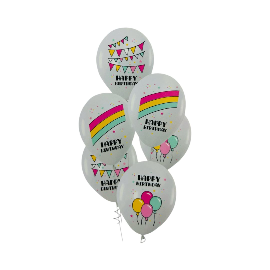 Baloane Latex "Happy Birthday", Alb, 45 cm - Set 6 bucati