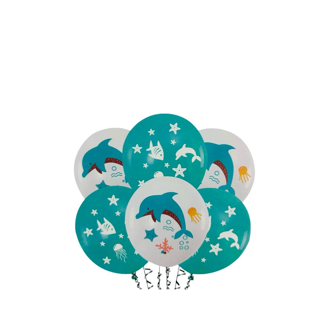 Set Party Delfin, 6 buc, Baloane Latex Alb si Turcoaz, 30 cm
