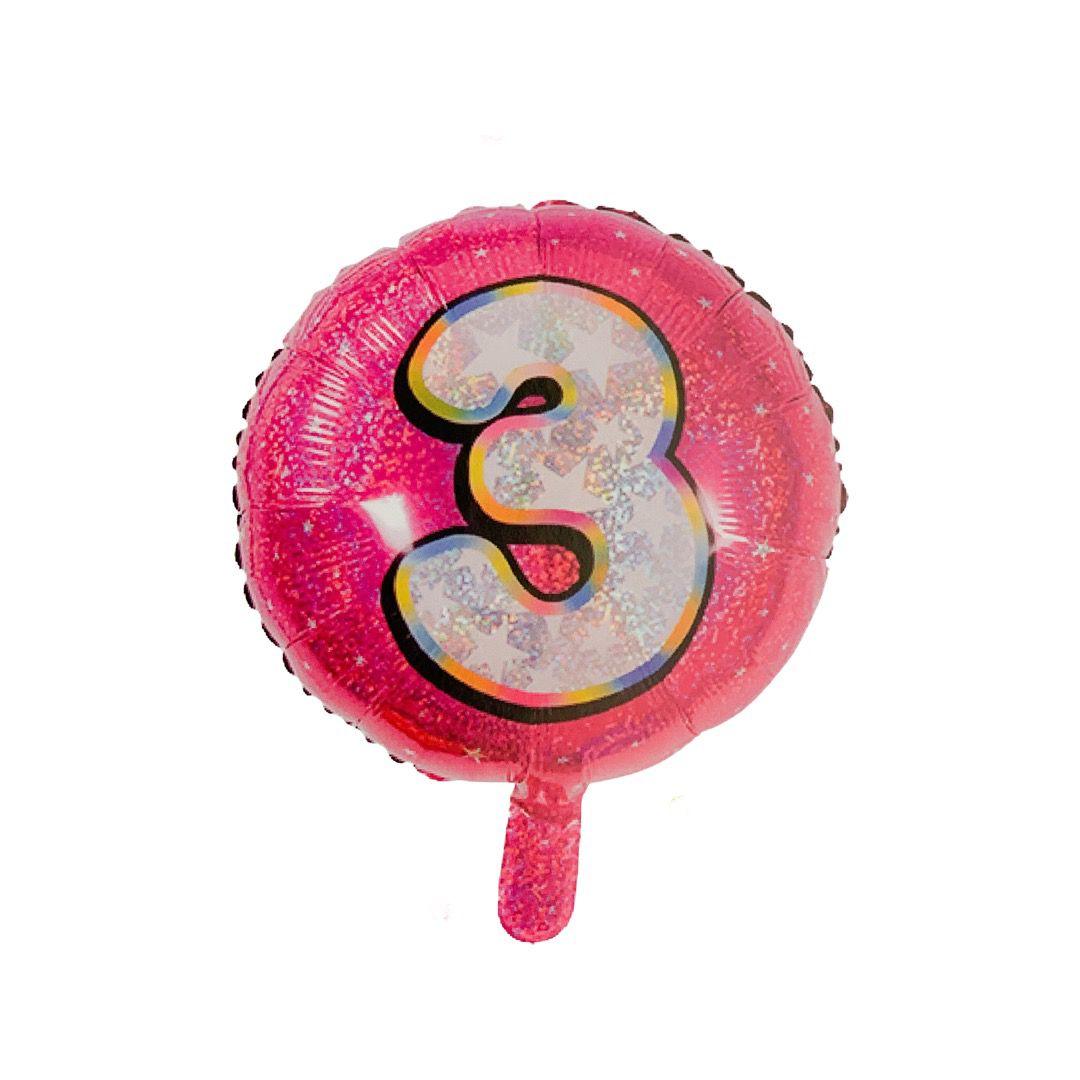 Balon Folie Rotund Imprimat, Roz, Cifra 3 - 45cm - nuria.store.ro
