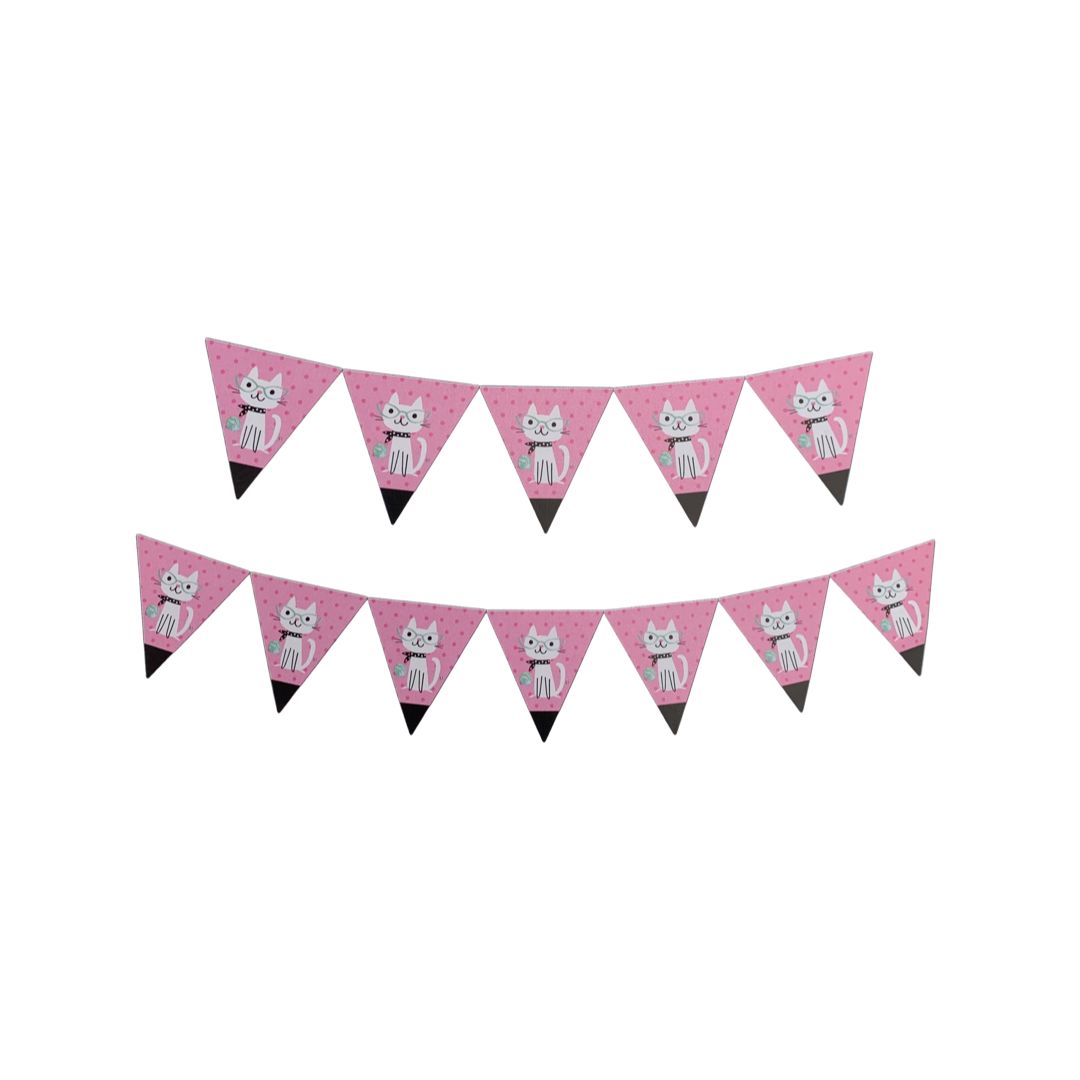 Banner Decorativ 12 Stegulete Roz cu Pisicute, Dimensiune Stegulet 17 cm - nuria.store.ro