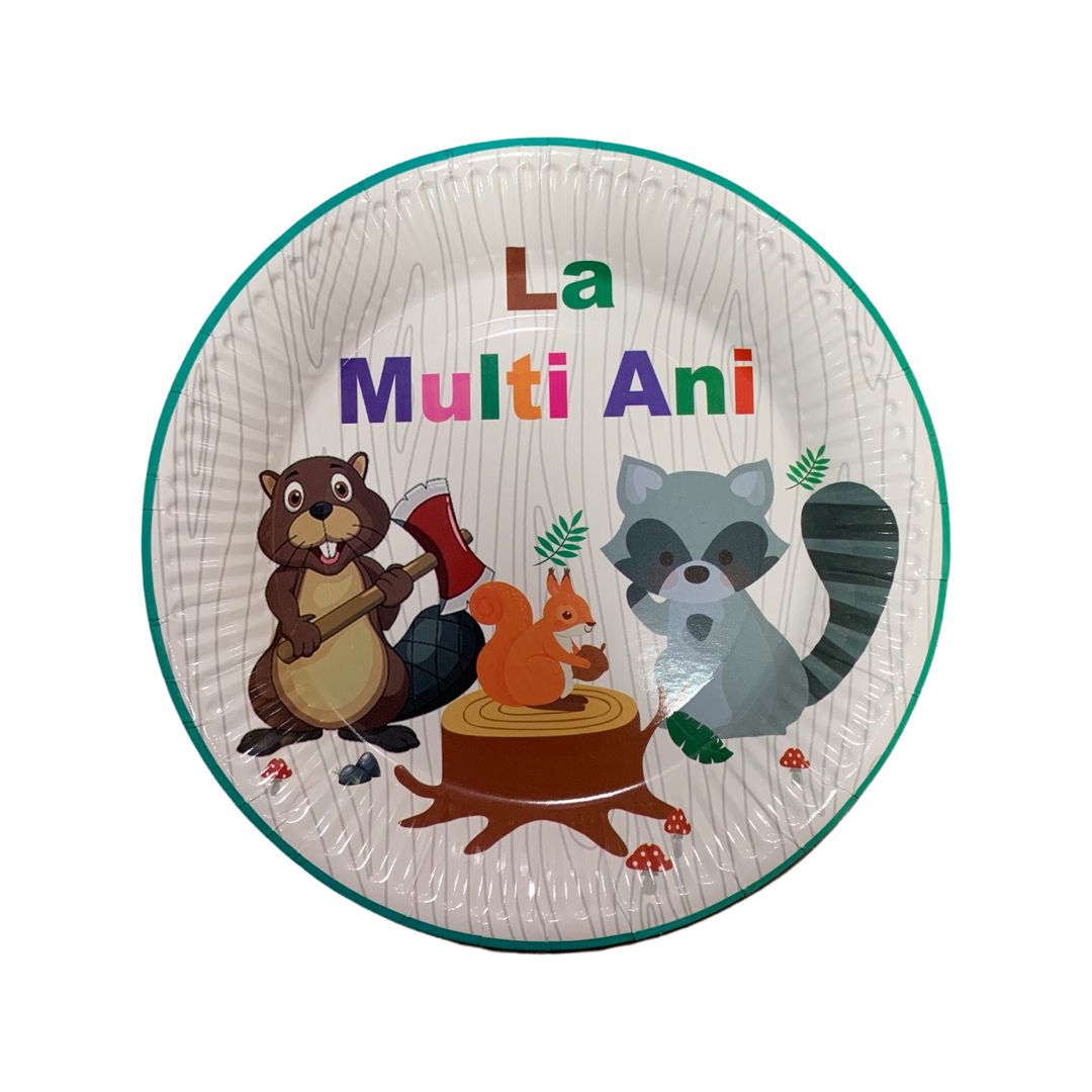Set 8 Farfurii din Carton cu Animale de Pădure “La Mulți Ani" - diametru 18 cm