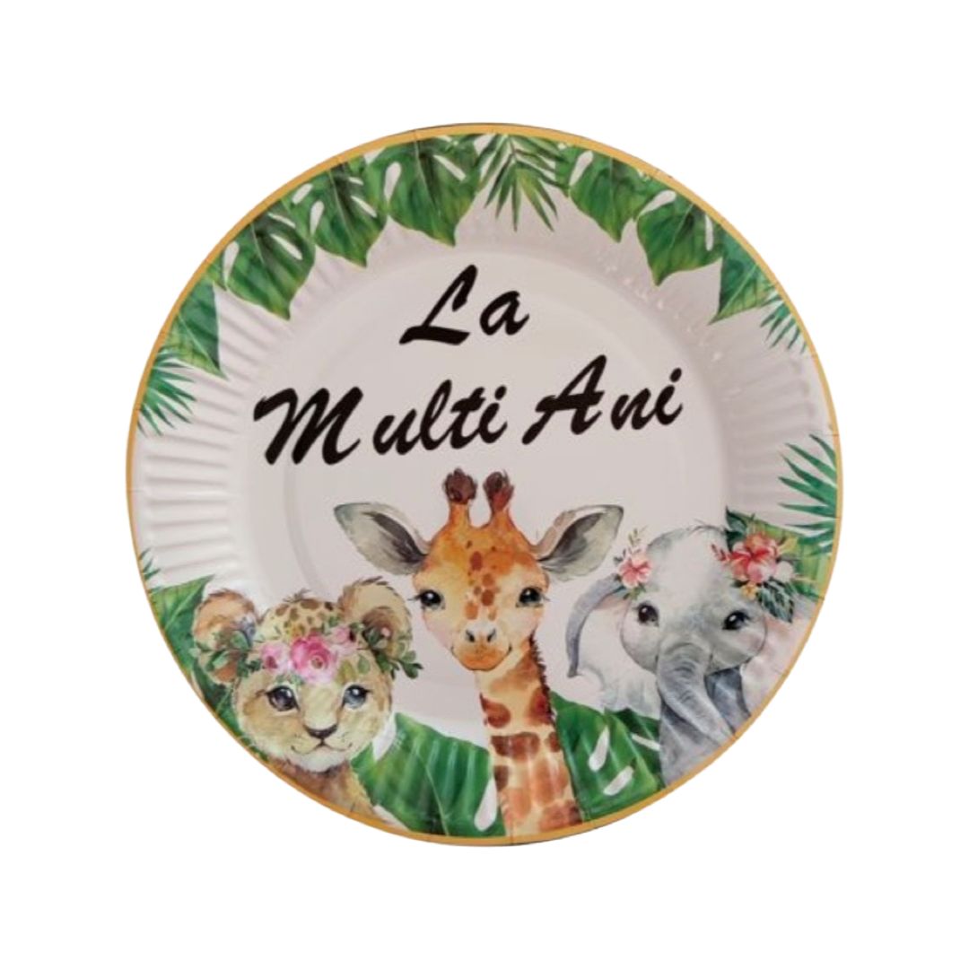 Set 8 Farfurii Carton Party Animale din Jungla "La Multi Ani" - Diametru 18 cm