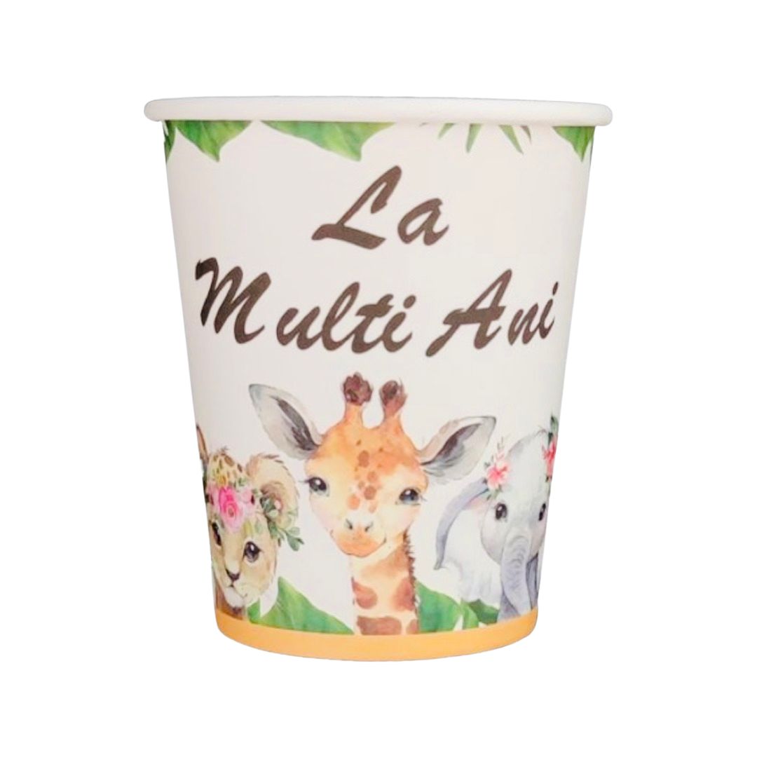Set 8 Pahare din Carton, Party Animale Jungla "La Multi Ani" - Diametru 8,7 cm