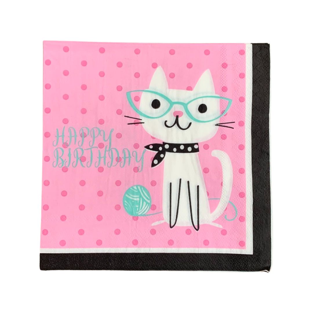 Set 16 Bucati Servetele Roz cu Pisica, Happy Birthday - 33/33 cm - nuria.store.ro