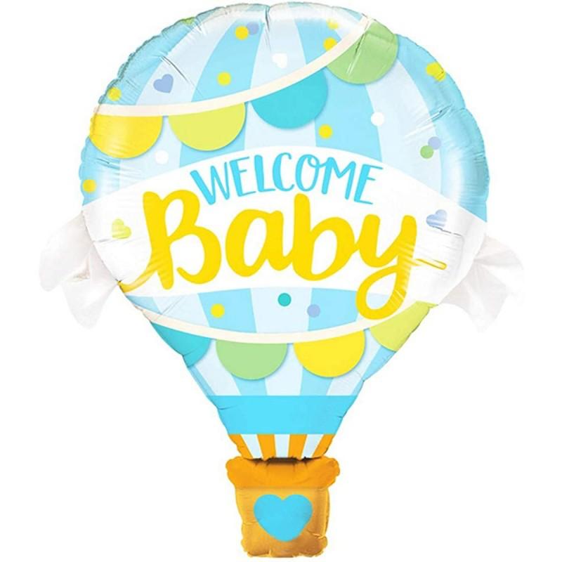 Balon Folie, Figurina Balon cu Aer Cald "Welcome Baby", Albastru - 70/62 cm - nuria.store.ro