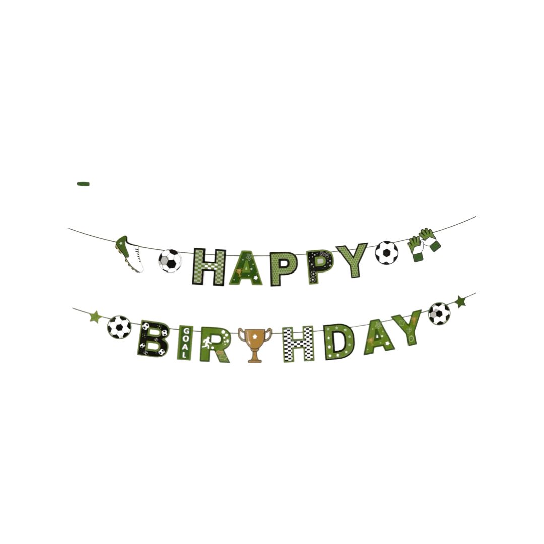 Banner Decorativ din Carton, Happy Birthday, Fotbal, Verde cu Alb, Litere 17cm - nuria.store.ro