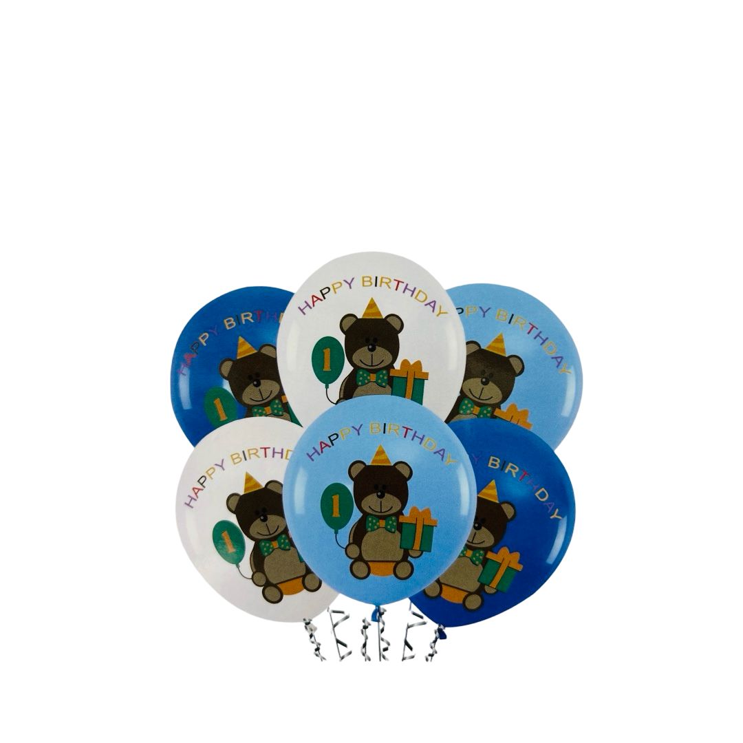 Set 6 Buc. Baloane Latex cu Ursulet "Happy Birthday Nr. 1", Alb si Nuante de Albastru, 30 cm