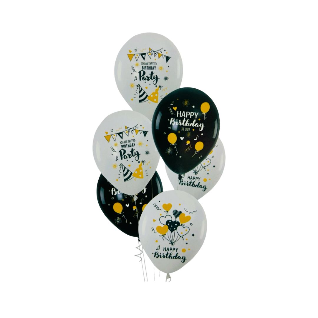 Baloane Latex "Happy Birthday", Alb si Negru, 30 cm - Set 6 bucati