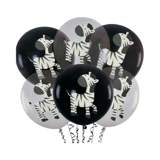 Set Party 6 buc, Baloane Latex Negru si Transparent, Imprimate cu Zebra, 30 cm