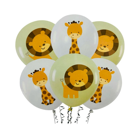 Set Party 6 buc, Baloane Latex Alb cu Girafa si Galben Pastel cu Leu, 30 cm
