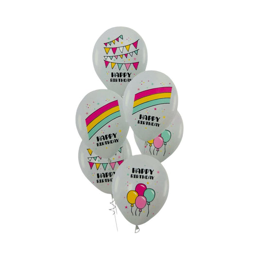 Baloane Latex "Happy Birthday", Alb, 45 cm - Set 6 bucati