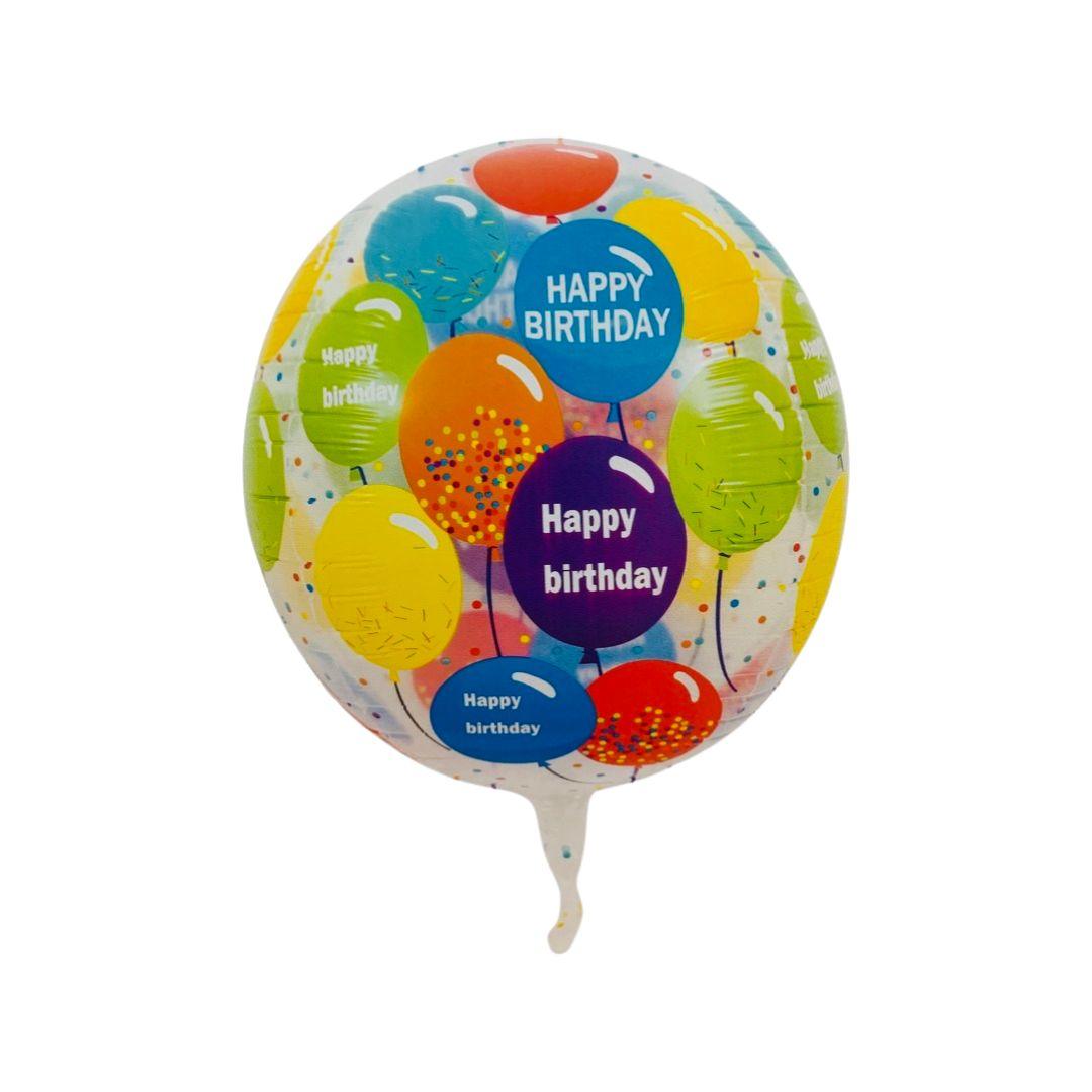 Balon Folie Sfera, Transparent, Inscriptionat cu Balonase Colorate si text "Happy Birthday", 55 x 55 cm - nuria.store.ro