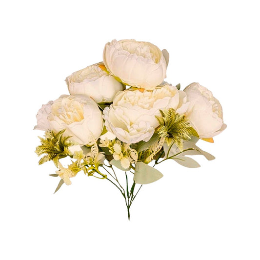 Buchet cu Bujori si Flori Ornamentale, Ivory Pastel, 10 Fire, 46 cm - nuria.store.ro