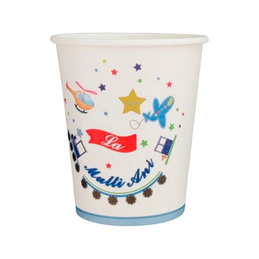 Set 8 Pahare din Carton, Trenulet si Avioane "La Multi Ani" - Diametru 8,7 cm