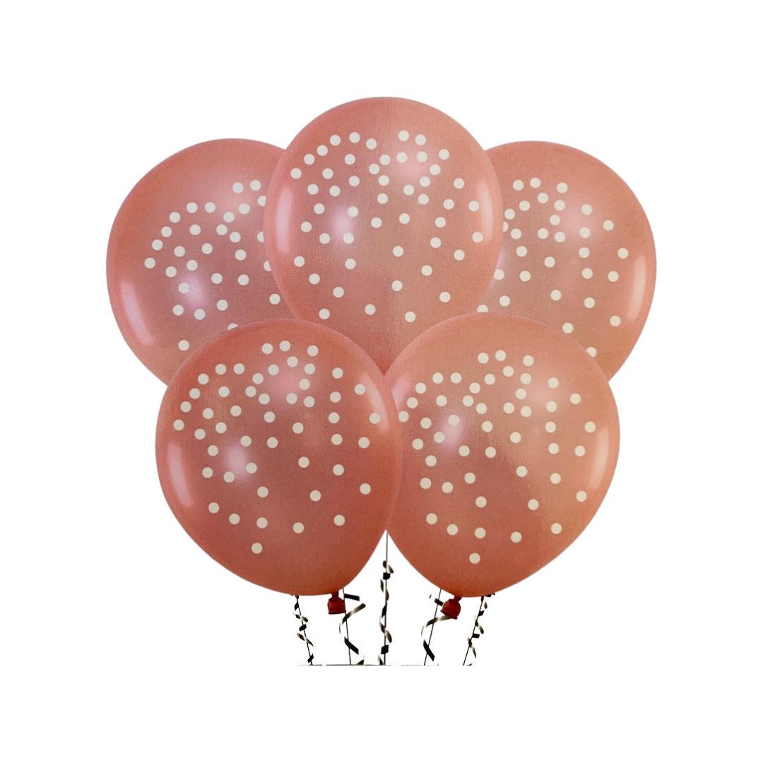 Set 5 Baloane Latex, Rose Gold, Imprimate cu Buline Mici Albe - 30 cm - nuria.store.ro