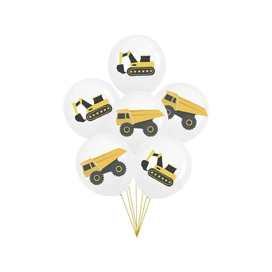 Baloane Latex Alb Imprimat cu Camion si Excavator, 30 cm - Set 6 bucati - nuria.store.ro