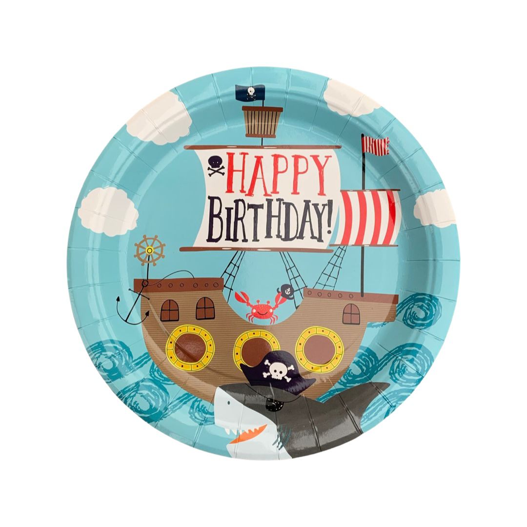 Set 6 Farfurii Carton Albastru Rechin Pirat, Happy Birthday - 23 cm - nuria.store.ro