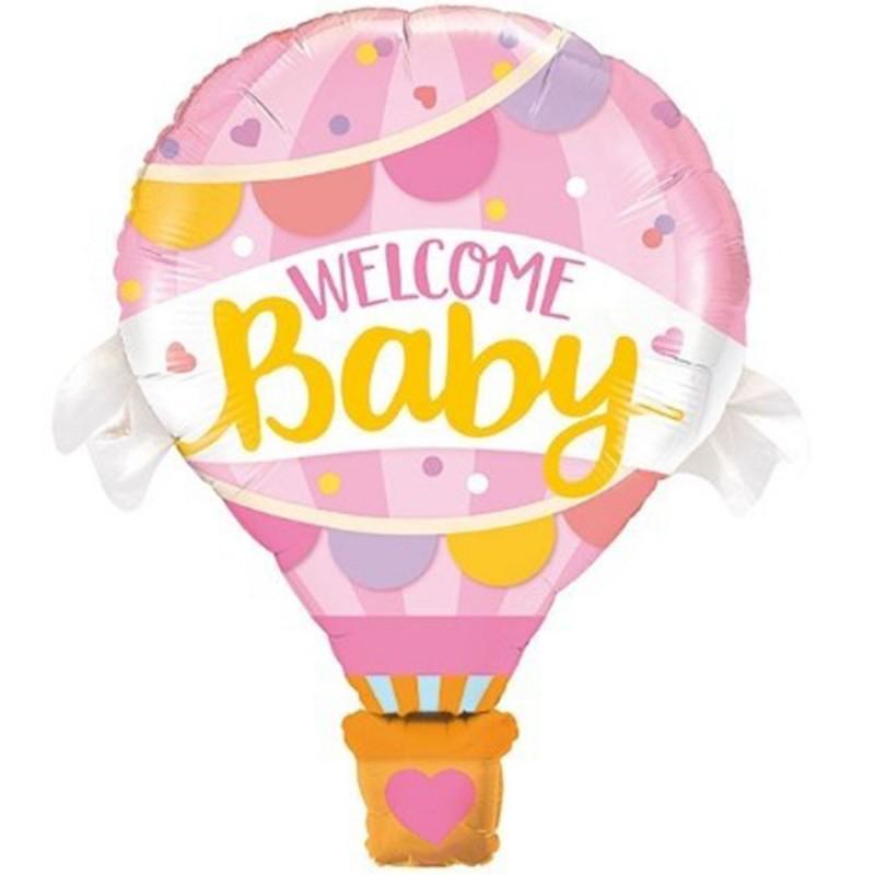 Balon Folie, Figurina Balon cu Aer Cald "Welcome Baby", Roz - 70/62 cm - nuria.store.ro
