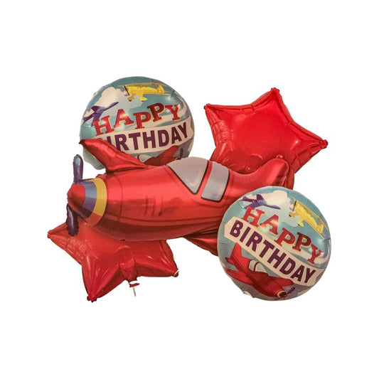 Baloane Folie Happy Brithday cu Avion - Set 5 Piese - nuria.store.ro